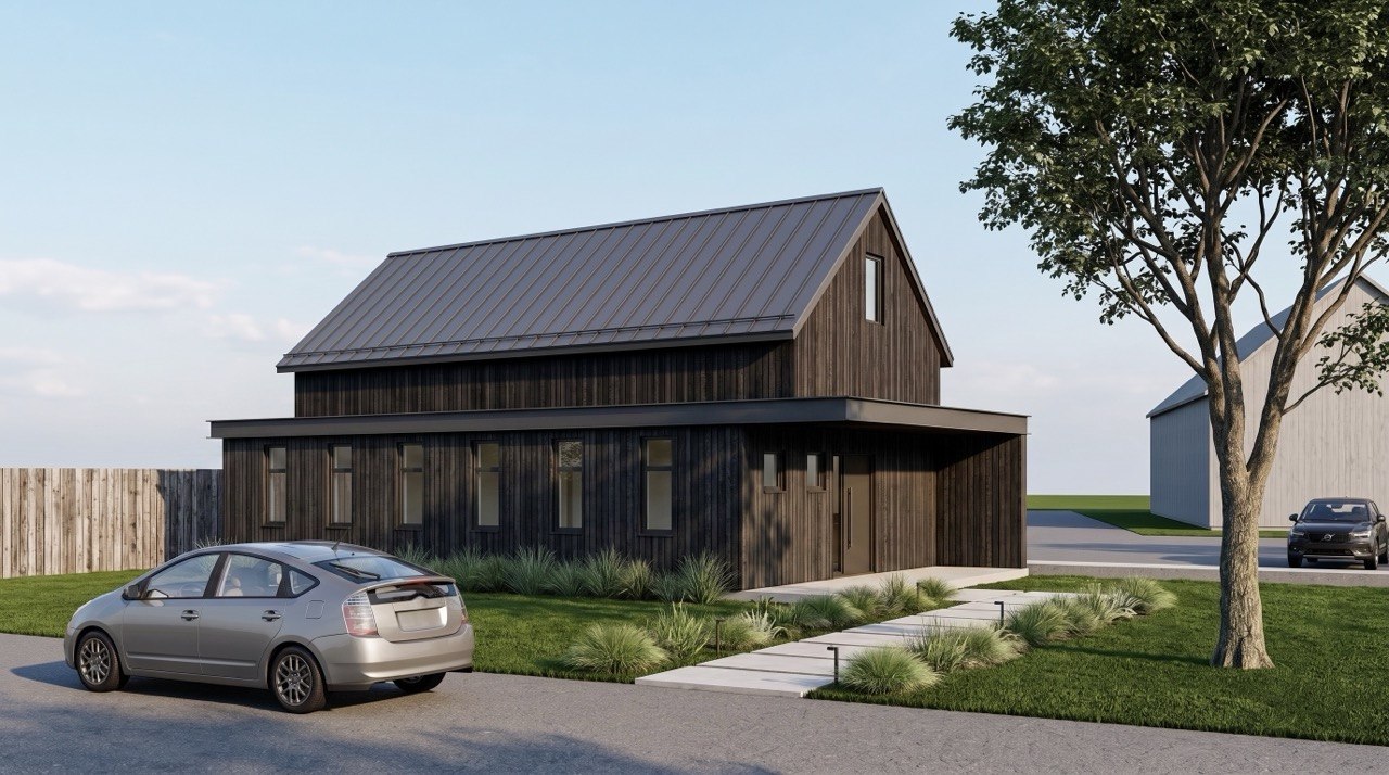Modern minimalist barn-style residence featuring dark vertical wood siding and a coordinating standing seam metal roof. The architectural design includes a flat wraparound porch overhang, narrow vertical windows, and a linear concrete paver walkway interspersed with grass and subtle path lighting.
