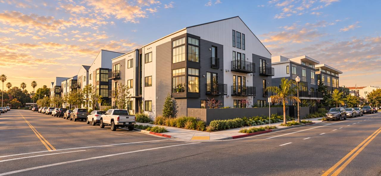 Contemporary multi-story residential development at golden hour, featuring contrasting white and charcoal gray siding with pitched roofs. The articulated facade showcases dark-framed projecting bay windows and black metal balconies, set along an urban streetscape with a paved corner crosswalk and drought-tolerant perimeter landscaping.   