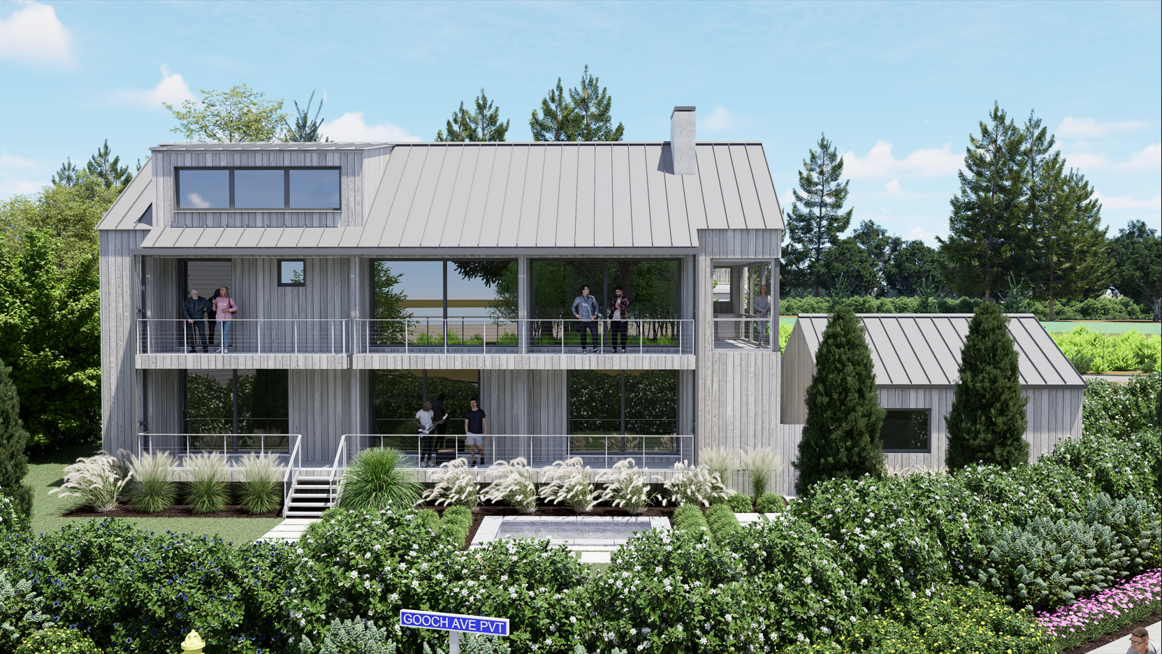 Modern three-story home with vertical weathered grey wood siding, standing-seam metal roofs, multi-level balconies, and a landscaped backyard featuring a plunge pool and fire pit