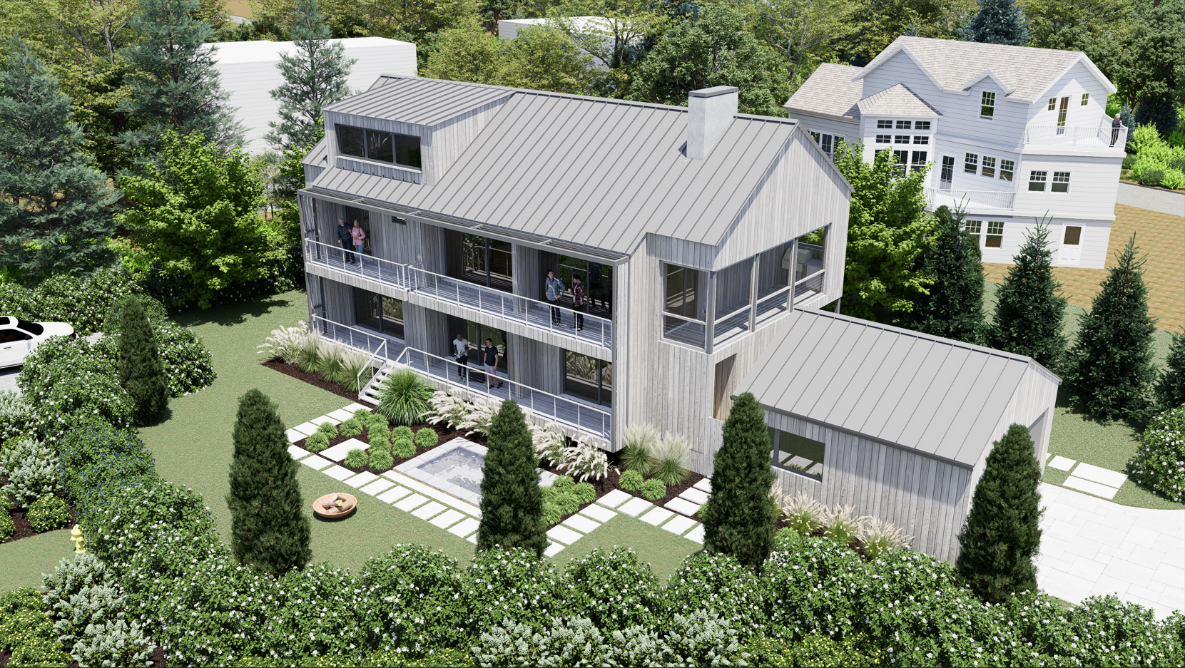 Modern three-story home with vertical weathered grey wood siding, standing-seam metal roofs, multi-level balconies, and a landscaped backyard featuring a plunge pool and fire pit