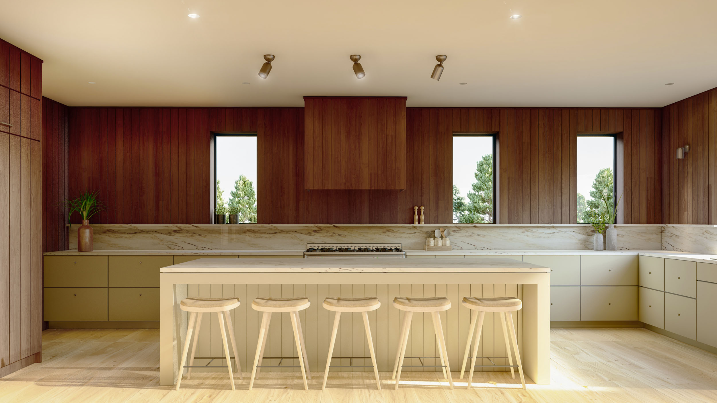 Modern kitchen interior featuring a central island with five light-colored barstools, matching light perimeter cabinets, a marble countertop and backsplash, dark vertical wood wall paneling, and three vertical windows overlooking a tree line.