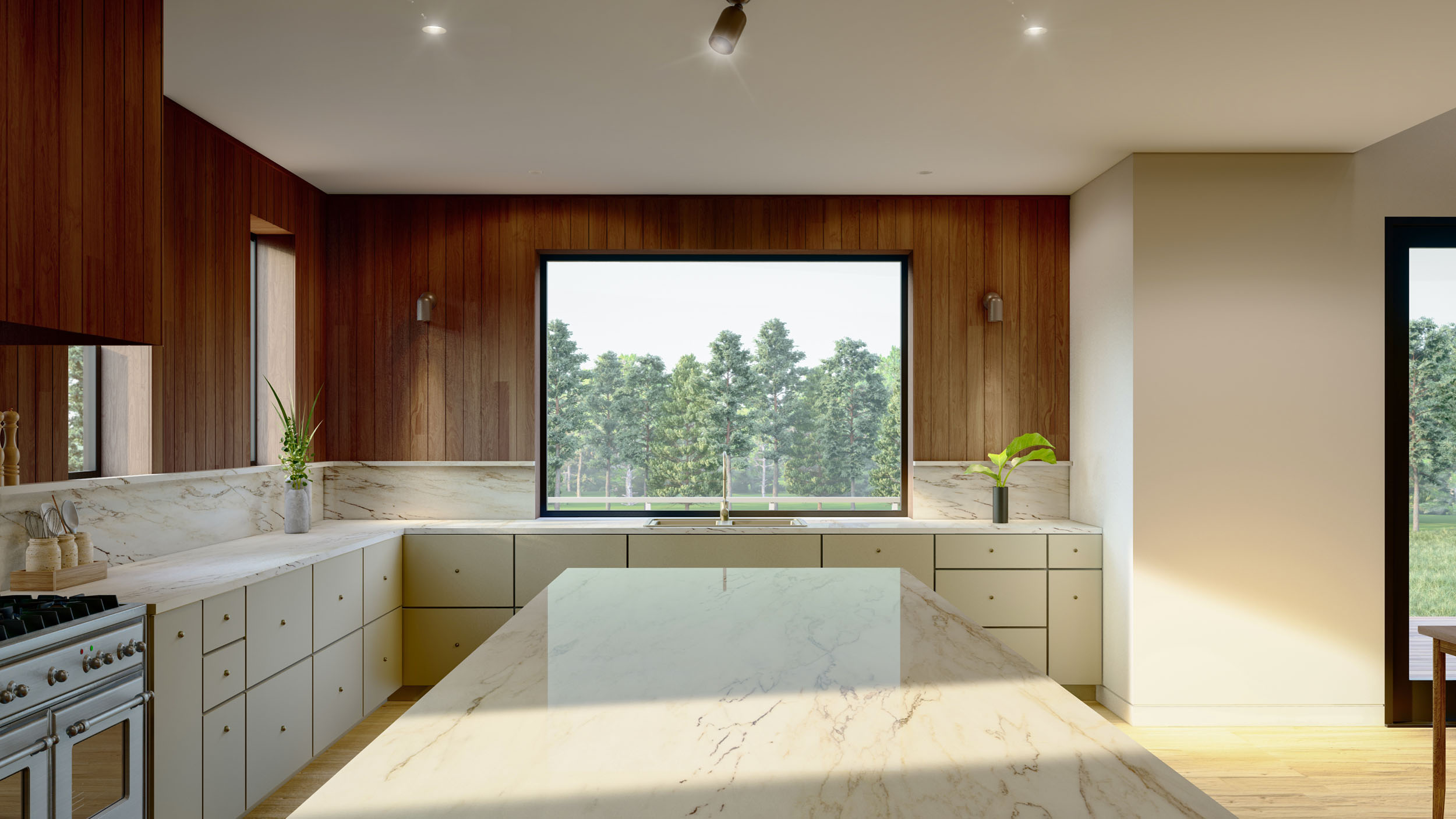 Modern kitchen interior featuring a large marble-topped island, light neutral perimeter cabinetry, a matching marble backsplash, and a large horizontal window framed by warm vertical wood wall paneling overlooking a tree line.