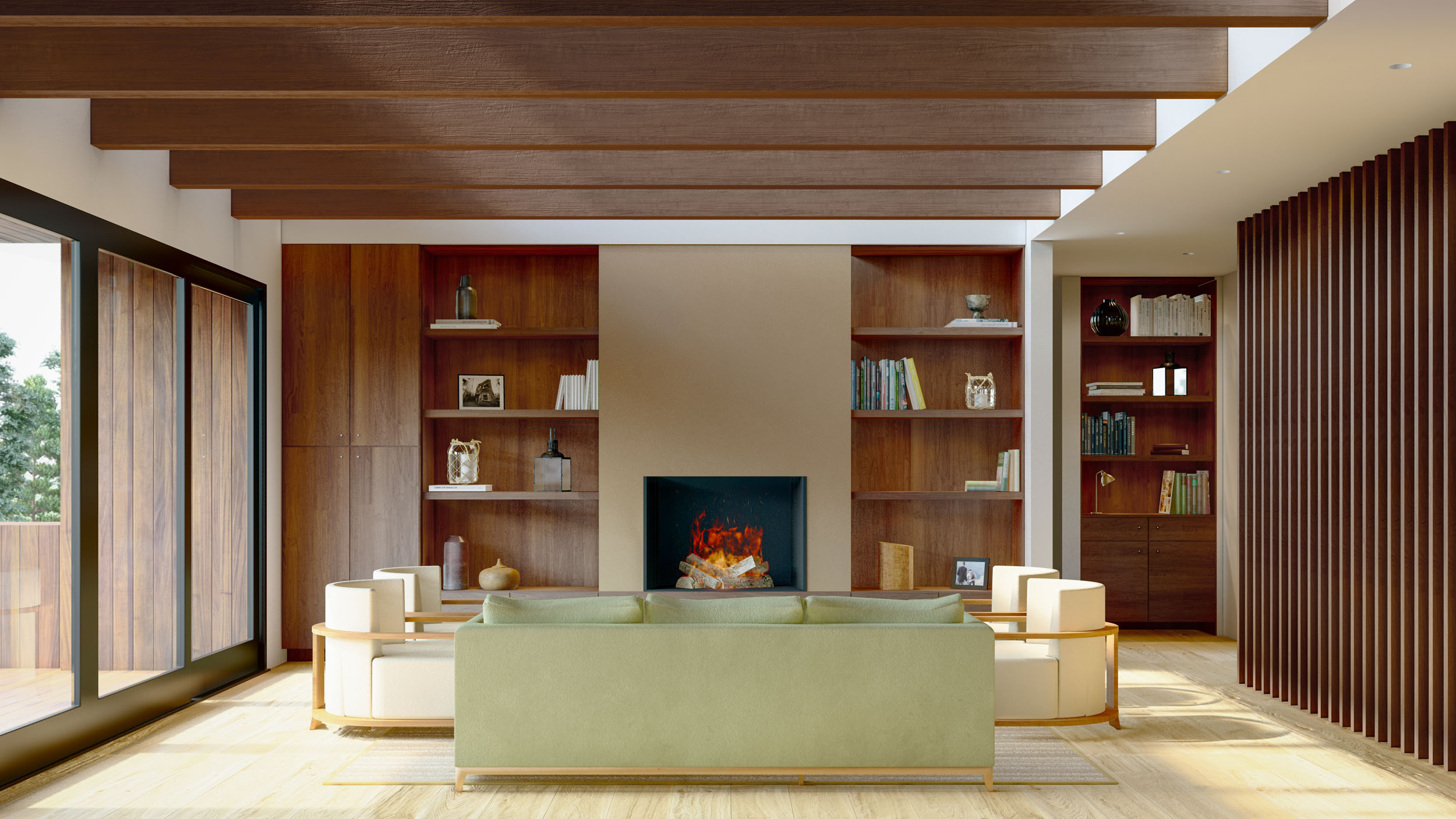 Modern living room featuring a fireplace flanked by built-in wood bookshelves, exposed dark wood ceiling beams, a pale green sofa facing the fireplace, and cream-colored armchairs with wood trim.