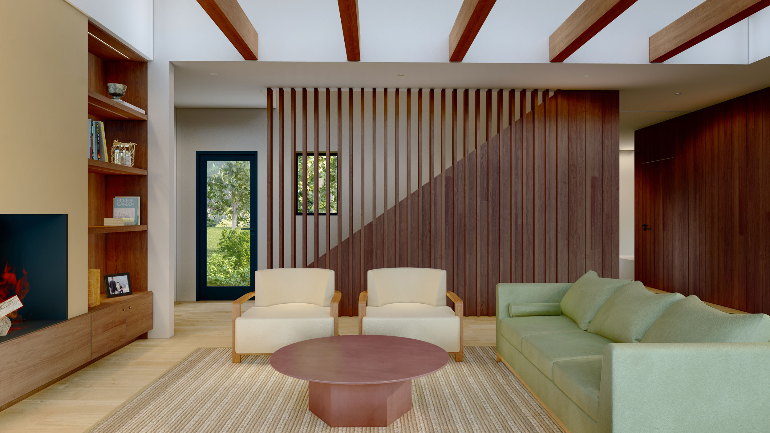 Modern living room featuring a pale green sofa, two cream-colored armchairs with wood trim, a round reddish-brown coffee table on a textured rug, dark wood ceiling beams, built-in shelving, and a slatted wood accent wall with a small inset window.