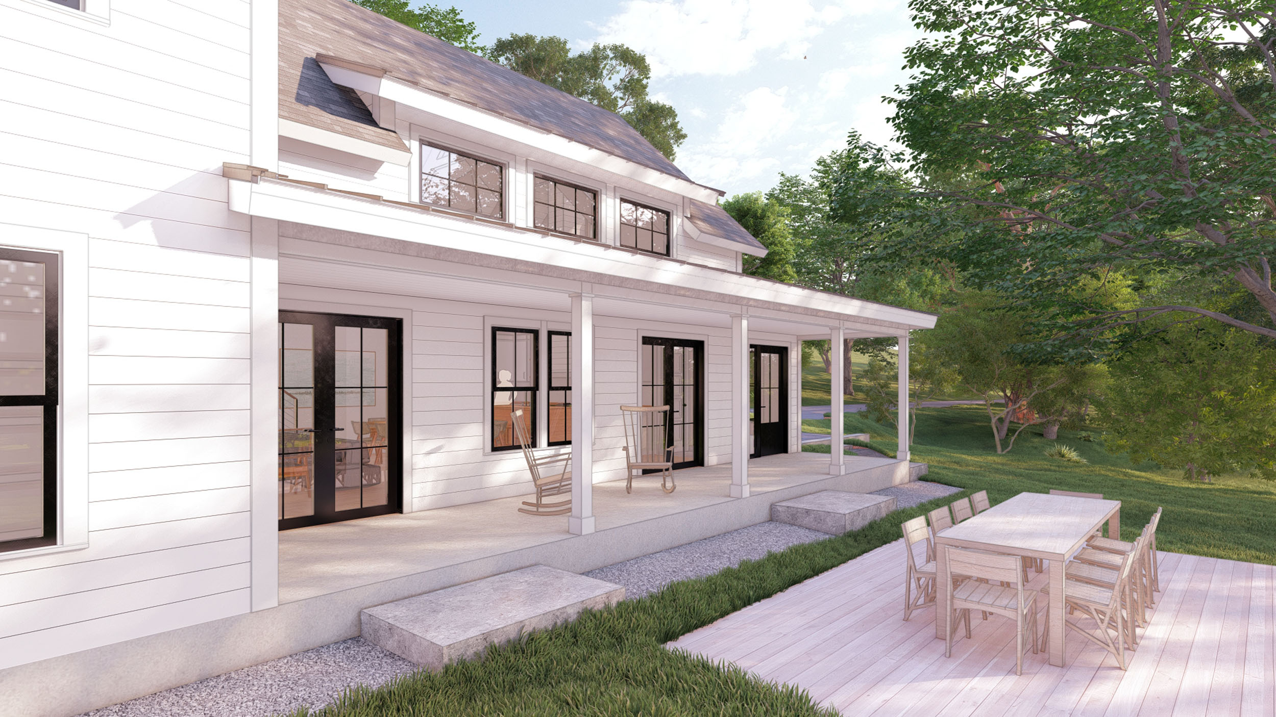 Modern farmhouse covered porch with rocking chairs, black-framed glass French doors, dormer windows, and an adjacent outdoor dining patio overlooking the lawn
