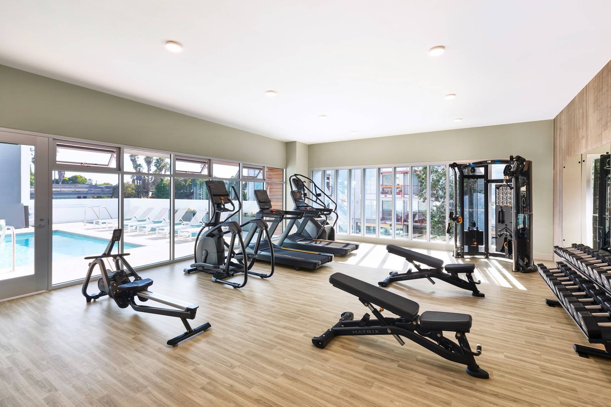 Bright and modern fitness room featuring light wood flooring, large floor-to-ceiling windows letting in natural light, a row of cardio equipment including ellipticals and treadmills, and adjustable weight benches in the foreground.