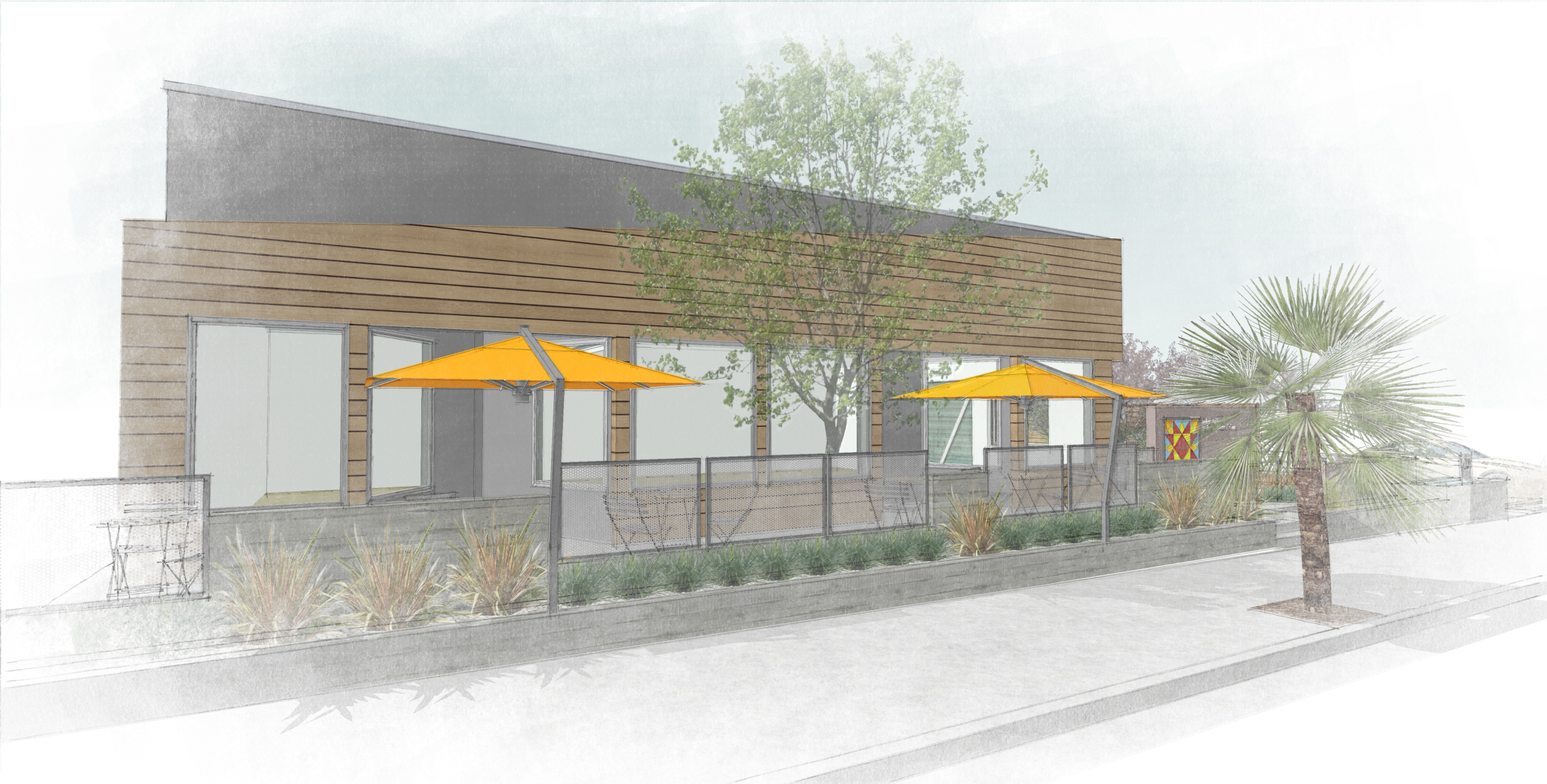 Architectural rendering or sketch of a modern building exterior featuring horizontal wood siding, large windows, a central tree, an outdoor patio area enclosed by a metal mesh railing, and bright orange patio umbrellas.