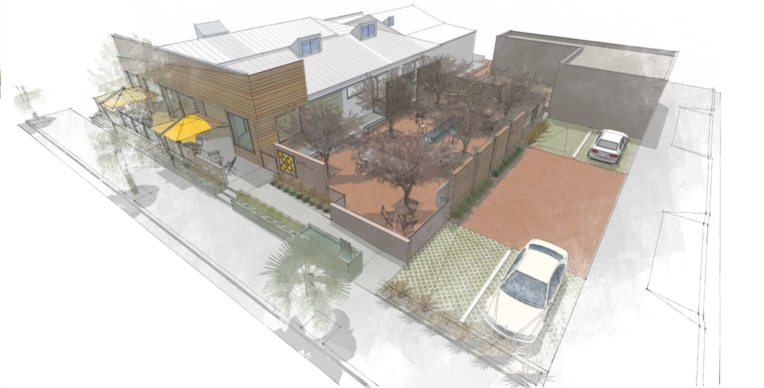 An architectural sketch or bird's-eye rendering of a commercial or public building with a fenced courtyard patio. The space features mature trees, outdoor seating arrangements, a sign with a colorful quilt block mural, a retaining wall, a paved parking stall next to a vehicle, and a linear water feature along the sidewalk in front.