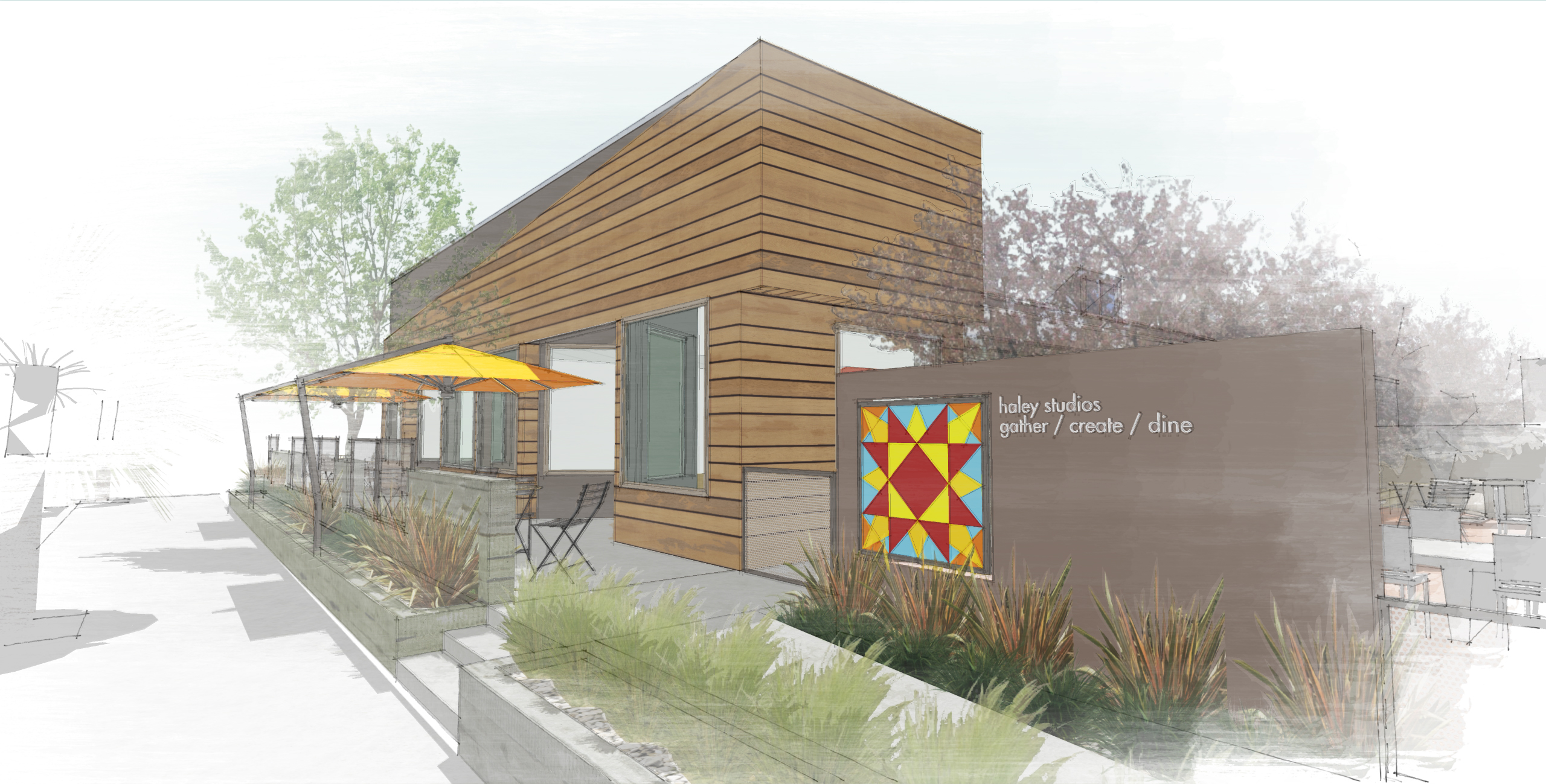 Architectural rendering of a modern wooden building with horizontal siding, large windows, a patio space with chairs and an orange umbrella, and an exterior wall featuring a colorful star-patterned quilt block mural alongside a sign reading 