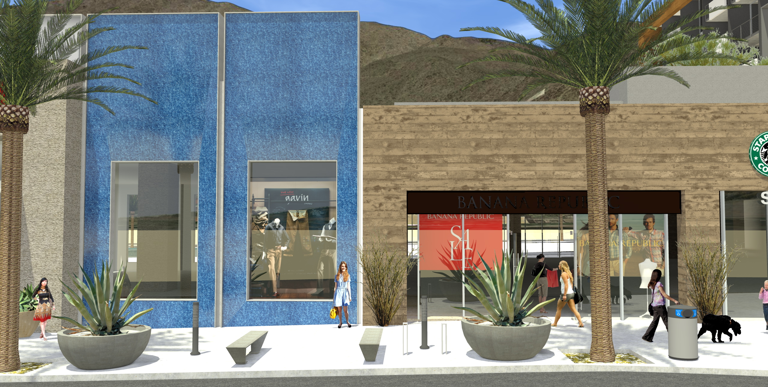 Architectural rendering of a commercial storefront streetscape featuring two prominent panels with vibrant blue textured tile accents flanking large display windows, adjacent to a retail storefront with wood-look siding, a prominent Banana Republic sign, and red sale banners. The sidewalk is decorated with potted agave plants, palm trees, benches, and pedestrians.