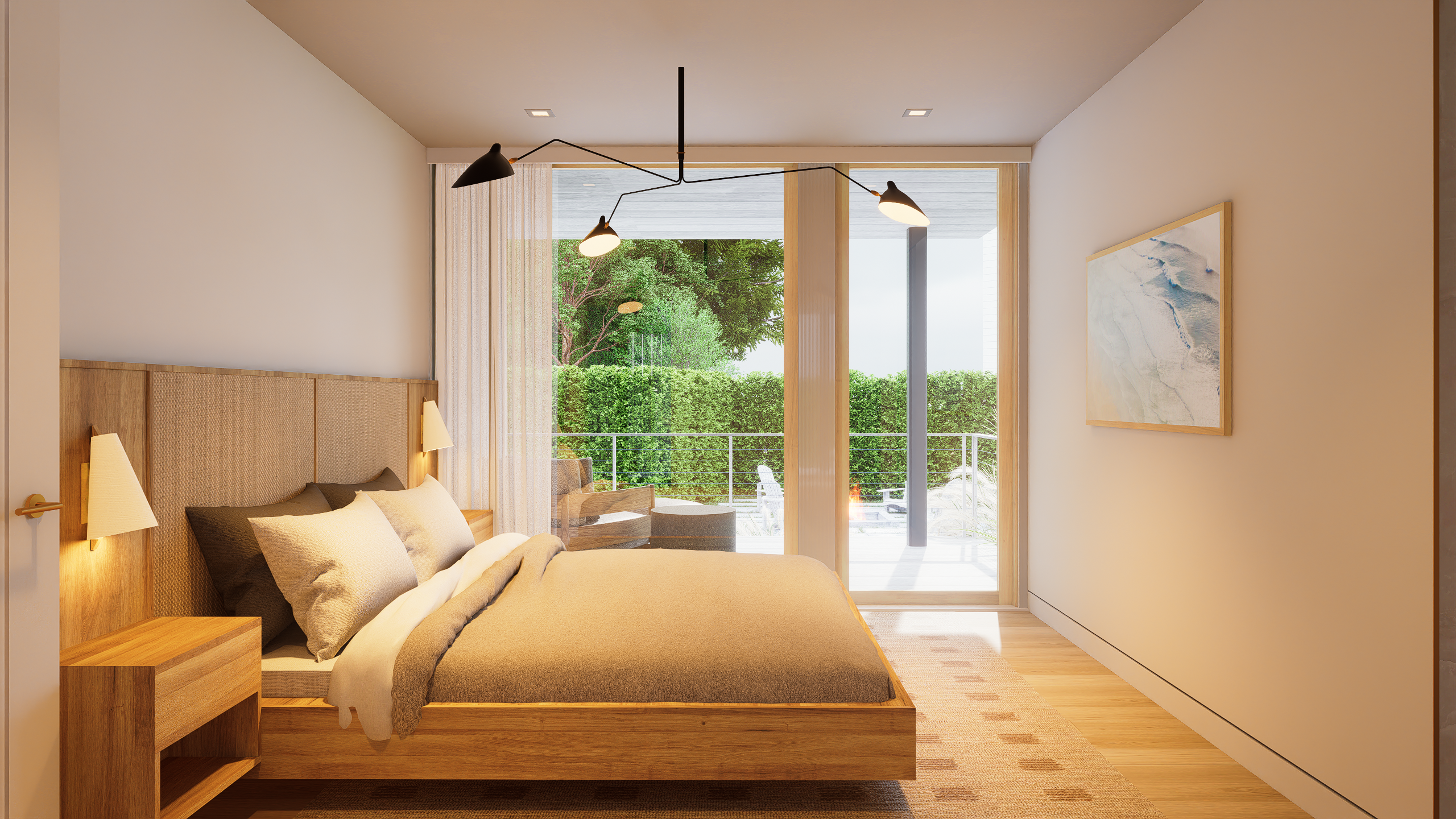 Modern bedroom interior featuring a wooden platform bed, a textured neutral rug, floor-to-ceiling glass sliding doors opening to a balcony with green hedging, and a distinctive black multi-arm pendant light fixture.