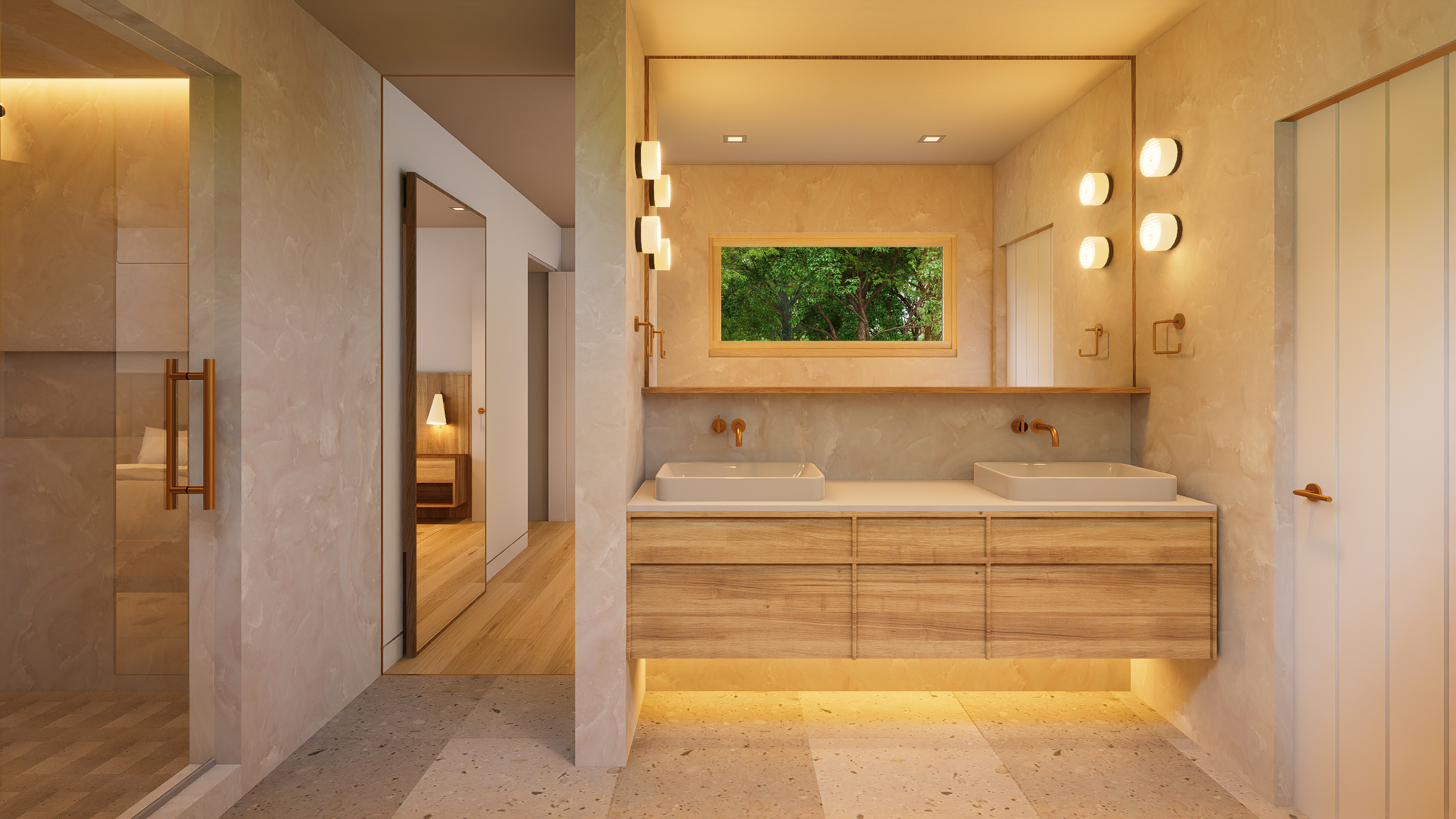 Modern bathroom interior featuring textured plaster walls, a floating wood double vanity with vessel sinks, gold wall-mounted faucets, a large mirror with a built-in window framing trees, and modern round sconces.