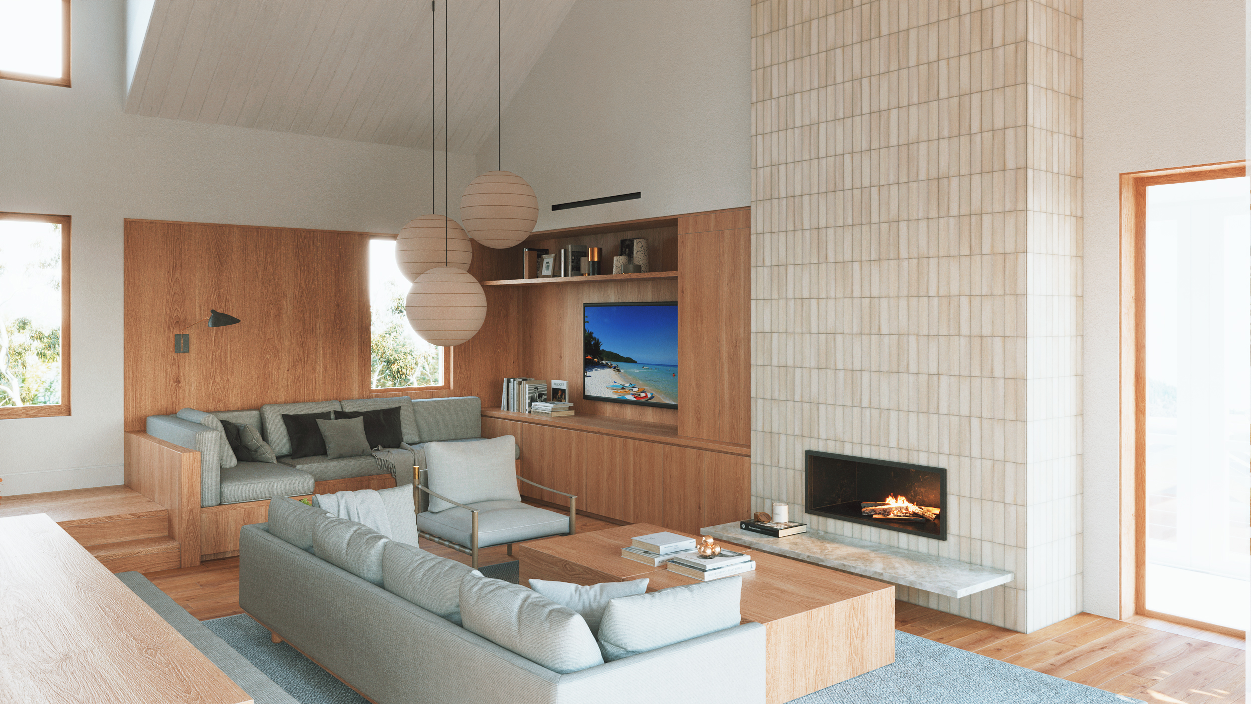 Modern living room interior featuring a vaulted ceiling, built-in wood cabinetry housing a television and display shelves, a floor-to-ceiling vertically-tiled fireplace surround, a wooden coffee table, light gray seating, and clustered spherical pendant lights.