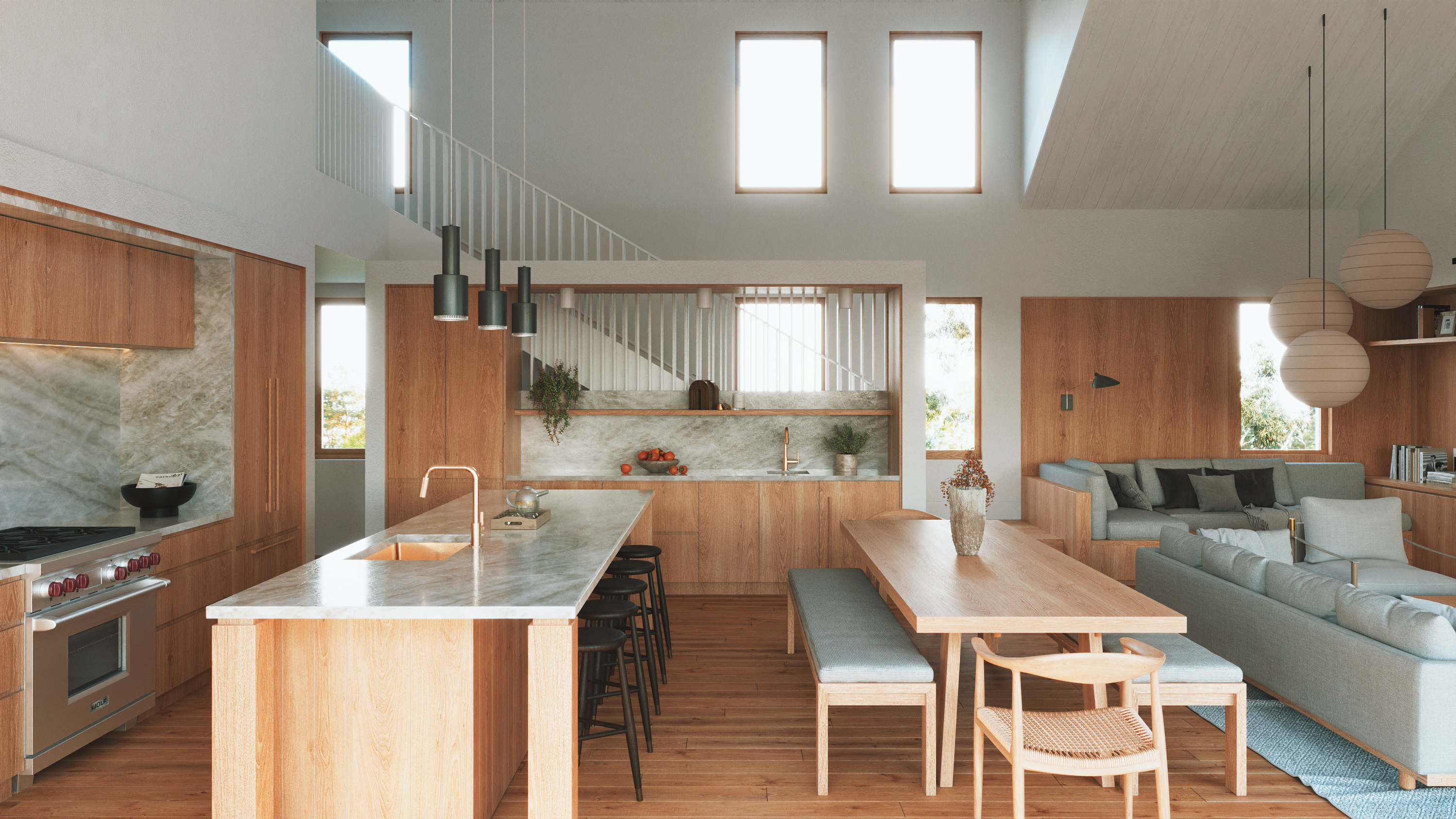 Modern open-concept kitchen interior featuring warm wood cabinetry, a marble-topped island with black barstools, a matching marble backsplash with a brass faucet, and an adjacent wooden dining table with a cushioned bench.