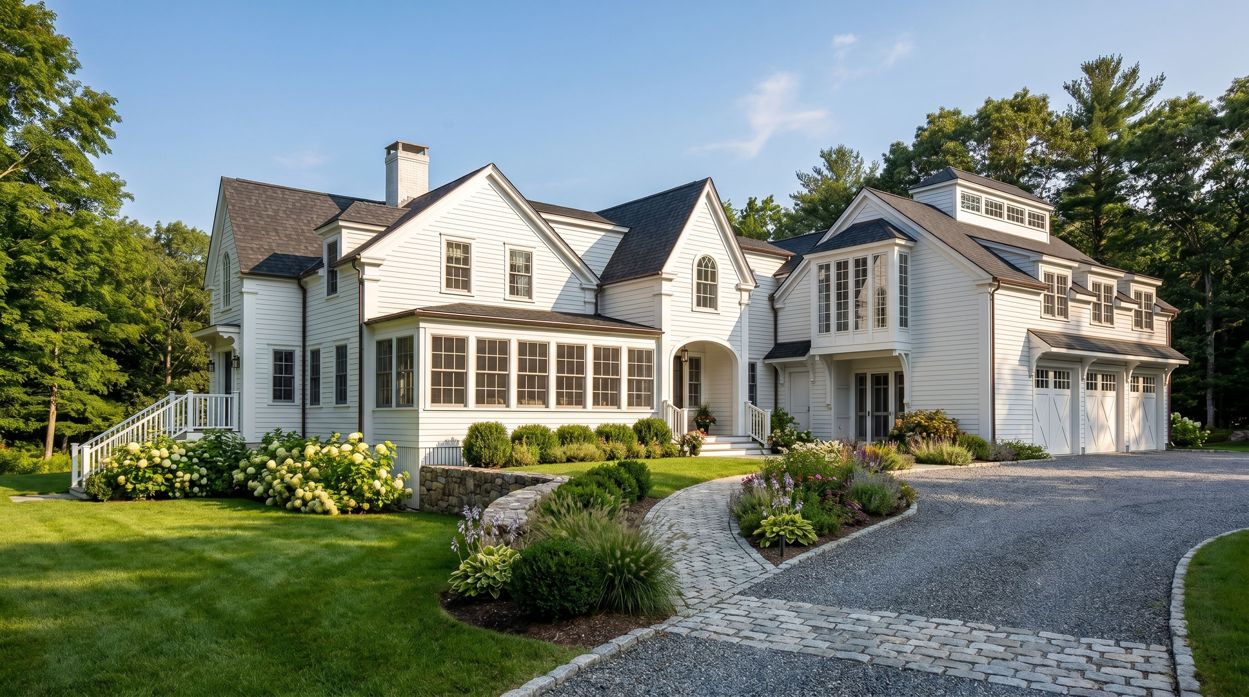 Large white traditional home exterior featuring white horizontal siding, a dark shingle roof, a multi-car garage, manicured lawns, lush hydrangea bushes, and a stone-trimmed curved cobblestone driveway leading up to the entrance.