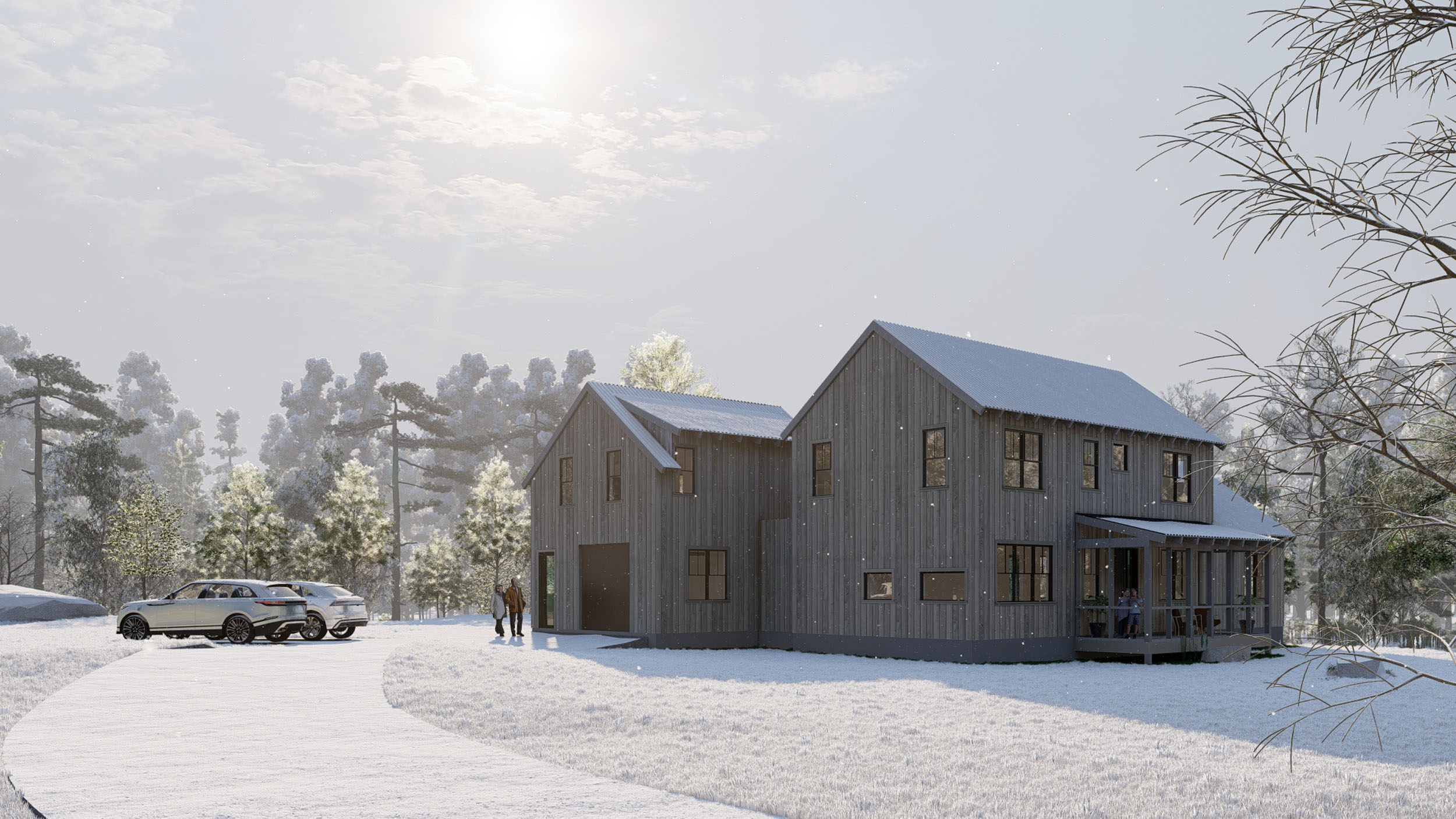Modern Scandinavian inspired home with vertical weathered grey wood siding and corrugated metal gable roofs in a snowy winter landscape