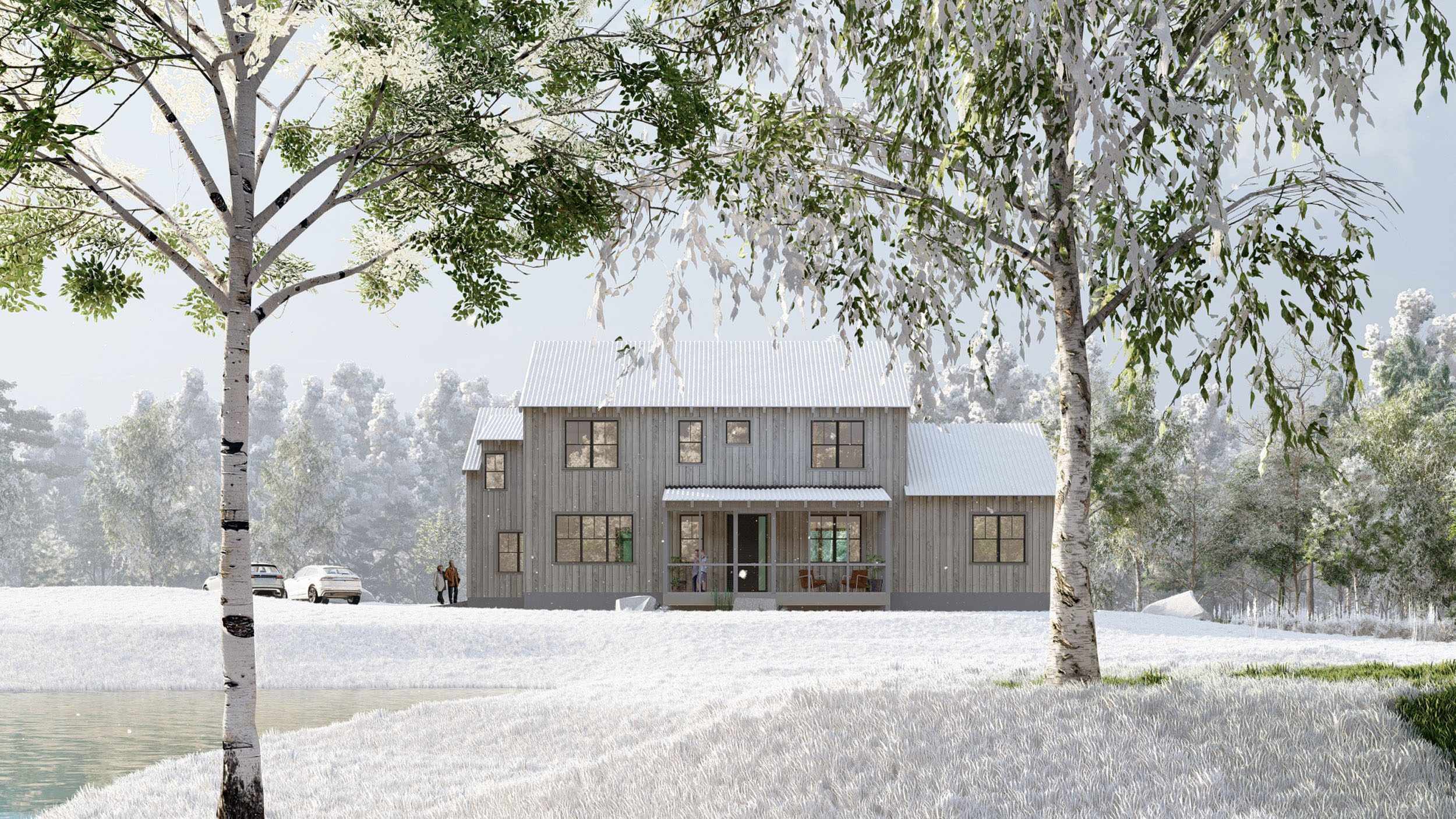 Modern two-story gray-wood home exterior during winter, featuring vertical siding, a snow-covered metal roof, dark-trimmed windows, a covered front porch, and birch trees framing a snowy foreground.
