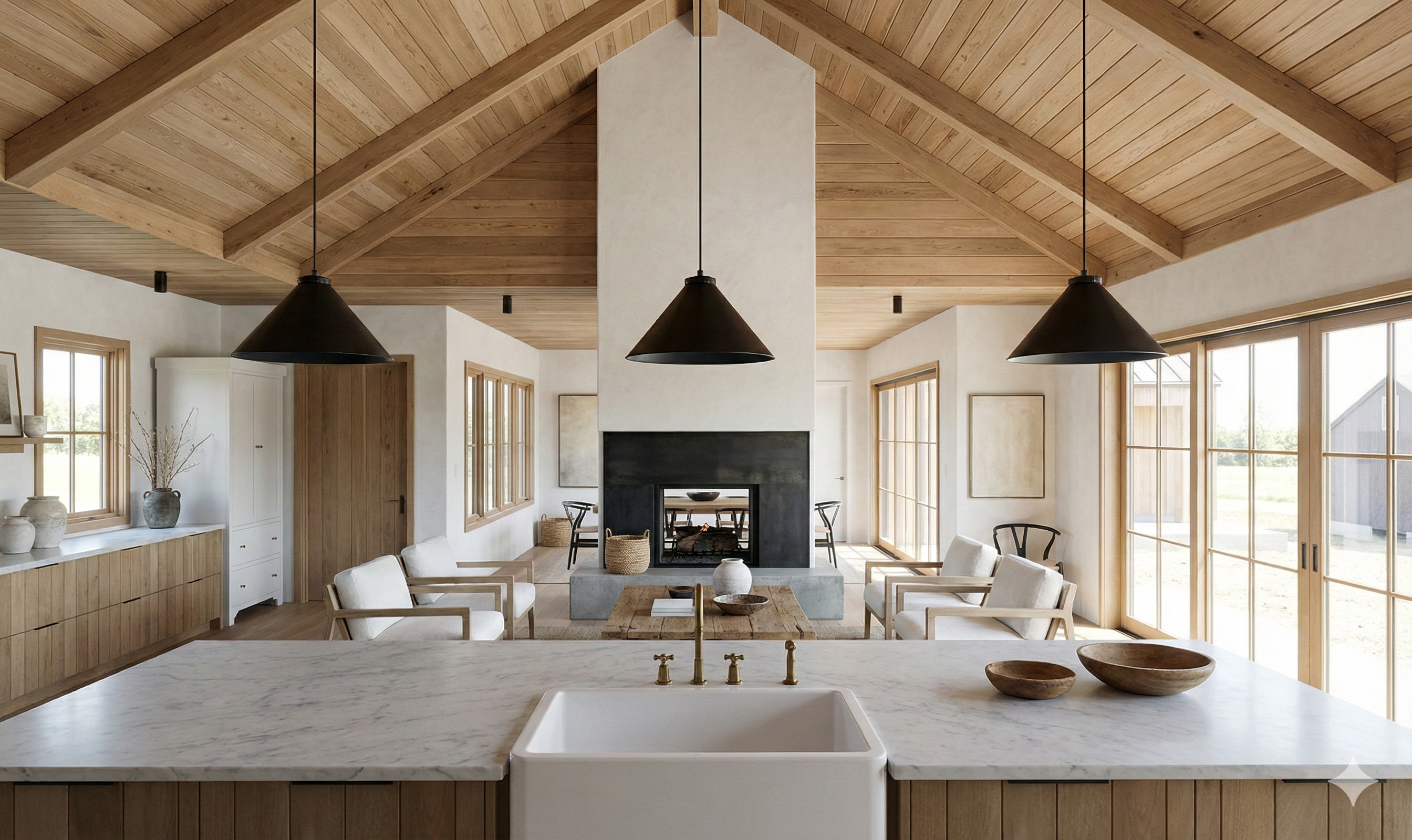 Open-plan interior featuring a central, floor-to-ceiling double-sided fireplace with a blackened steel surround and extended concrete hearth that divides the living and dining spaces. The foreground shows a marble kitchen island with an apron-front sink and brass fixtures, set beneath a vaulted, wood-clad ceiling and an oversized conical pendant light.