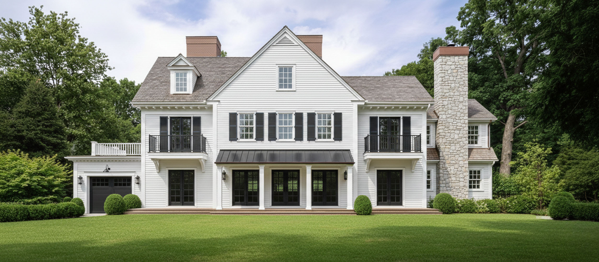 Classic traditional two-story white home featuring horizontal siding, black shutters, dark multi-pane French doors and windows, second-floor balconies with black railings, a covered lower porch, multiple chimneys (including a prominent stone chimney on the right), and a neatly manicured lawn.