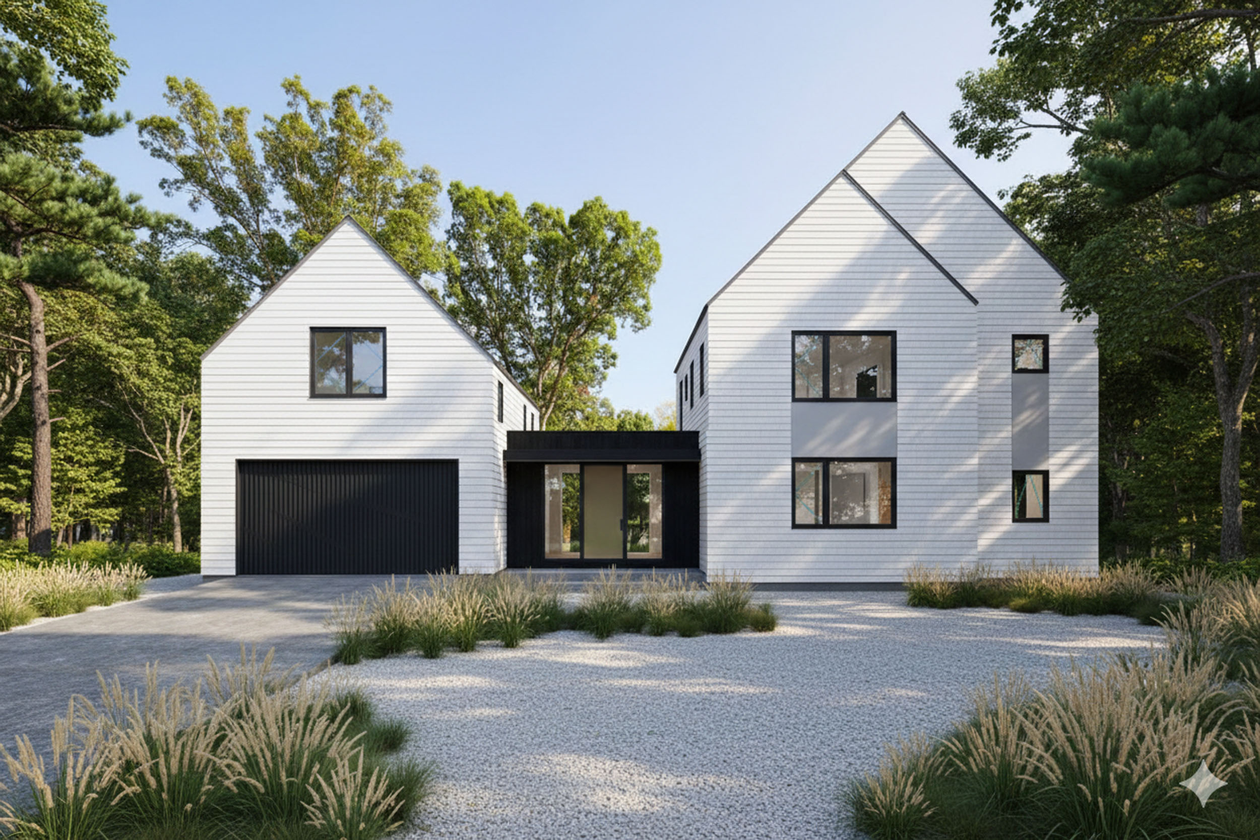 Modern two-story house exterior featuring white horizontal siding, dark window frames, a dark garage door, and a central dark-framed entryway connecting two gabled volumes, set against a backdrop of trees with a gravel driveway and ornamental grasses in the foreground.