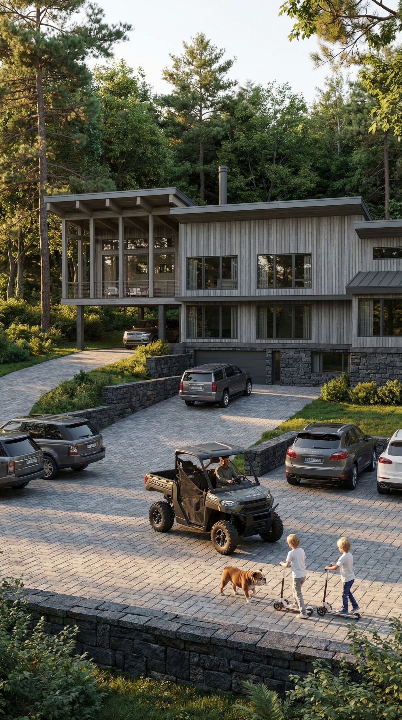 Modern multi-level home exterior featuring vertical wood siding, a stone base level with a garage, an elevated covered porch supported by pillars, large windows, and a paved driveway filled with several parked vehicles and a utility vehicle.