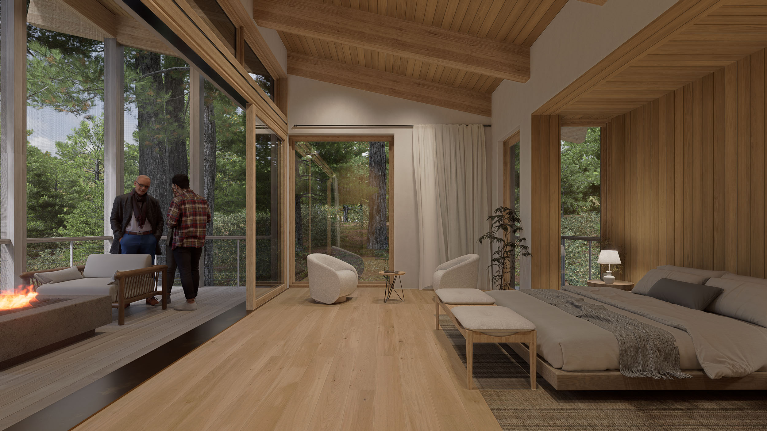 Modern bedroom and living space interior featuring light wood flooring, a sloped wood-paneled ceiling with exposed beams, and large windows framing lush forest views. The room includes a bed with a wooden frame and benches at the foot, two white modern armchairs with a small side table between them, and sliding glass doors opening onto an outdoor deck where two people are standing.