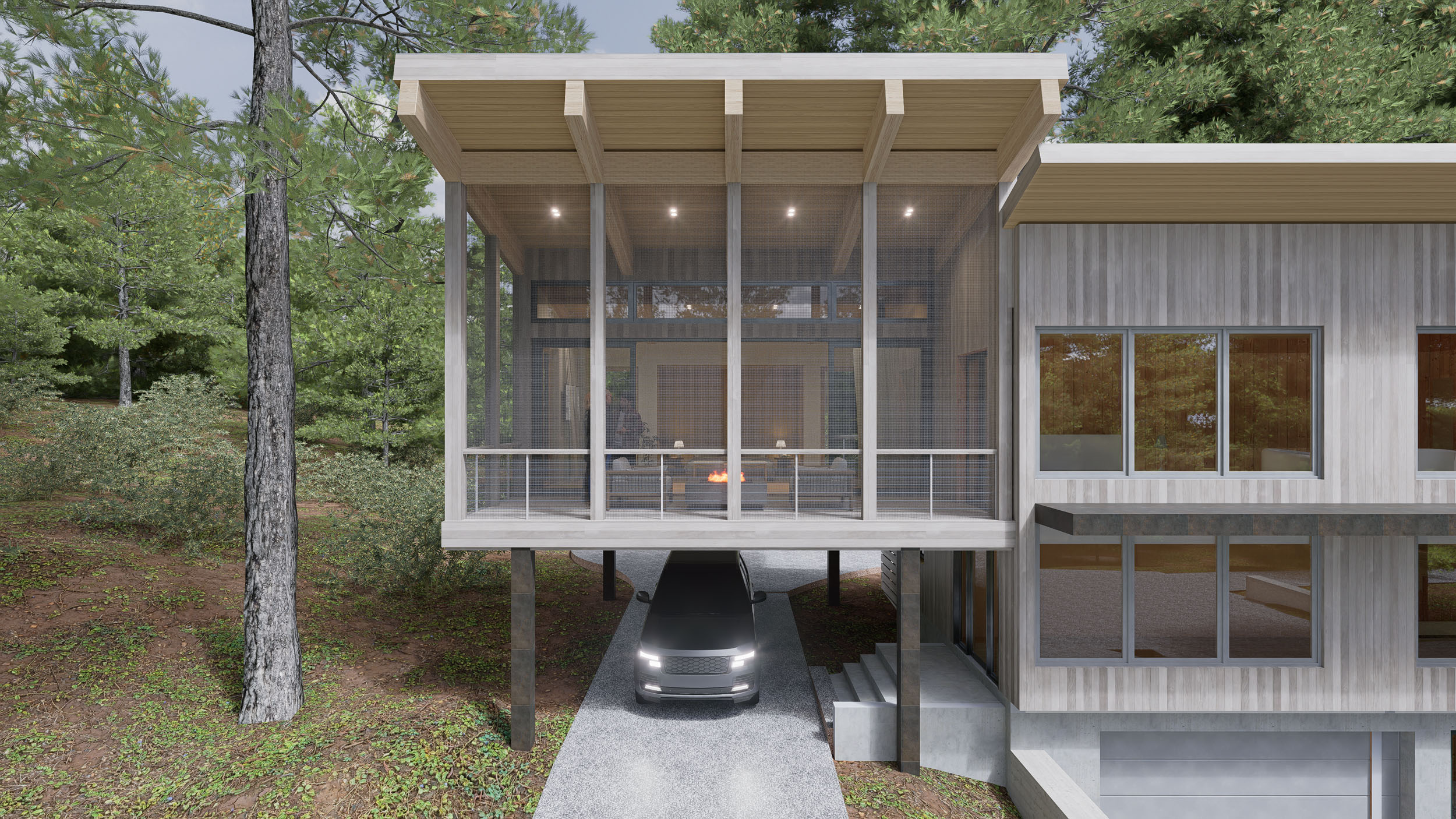 Modern architectural rendering of a multi-level home featuring an elevated screened porch or deck supported by pillars over a gravel driveway with a parked car, complemented by vertical wood siding and large windows.