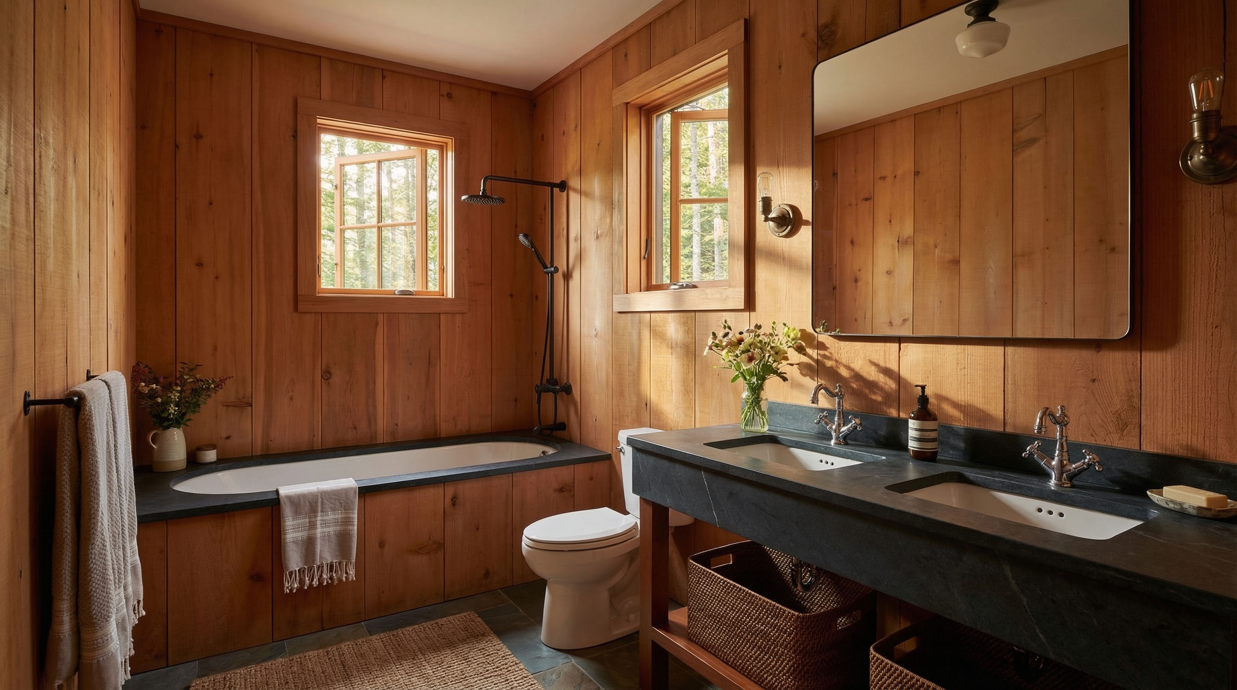 Modern primary bathroom interior featuring vaulted ceilings with exposed wood beams, a marble-clad soaking tub with brass floor-mount filler, a double vanity with ribbed wood cabinets, and large windows overlooking trees