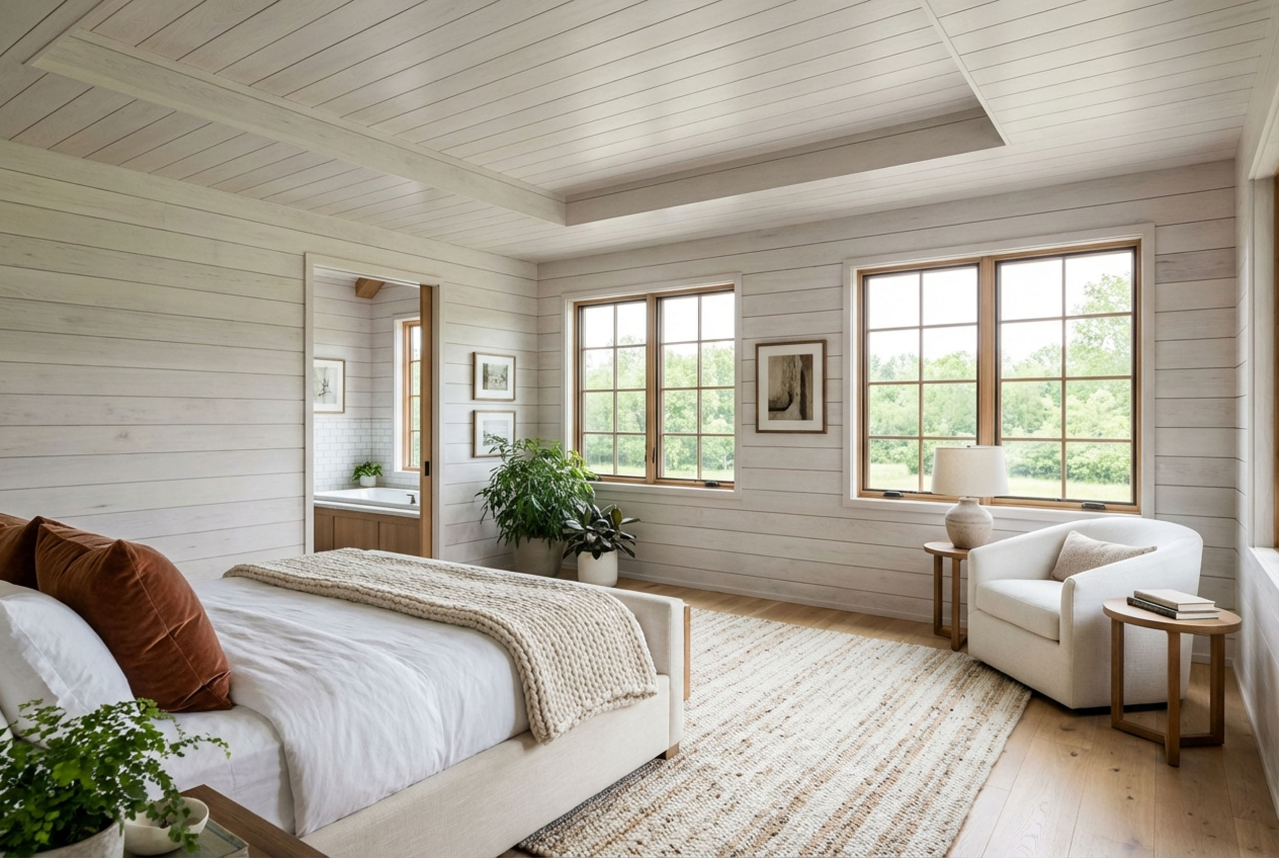 Bright modern bedroom interior featuring whitewashed wood-paneled walls and ceiling, large windows with natural wood frames, a textured knit throw blanket on the bed, and a view into an adjoining bathroom
