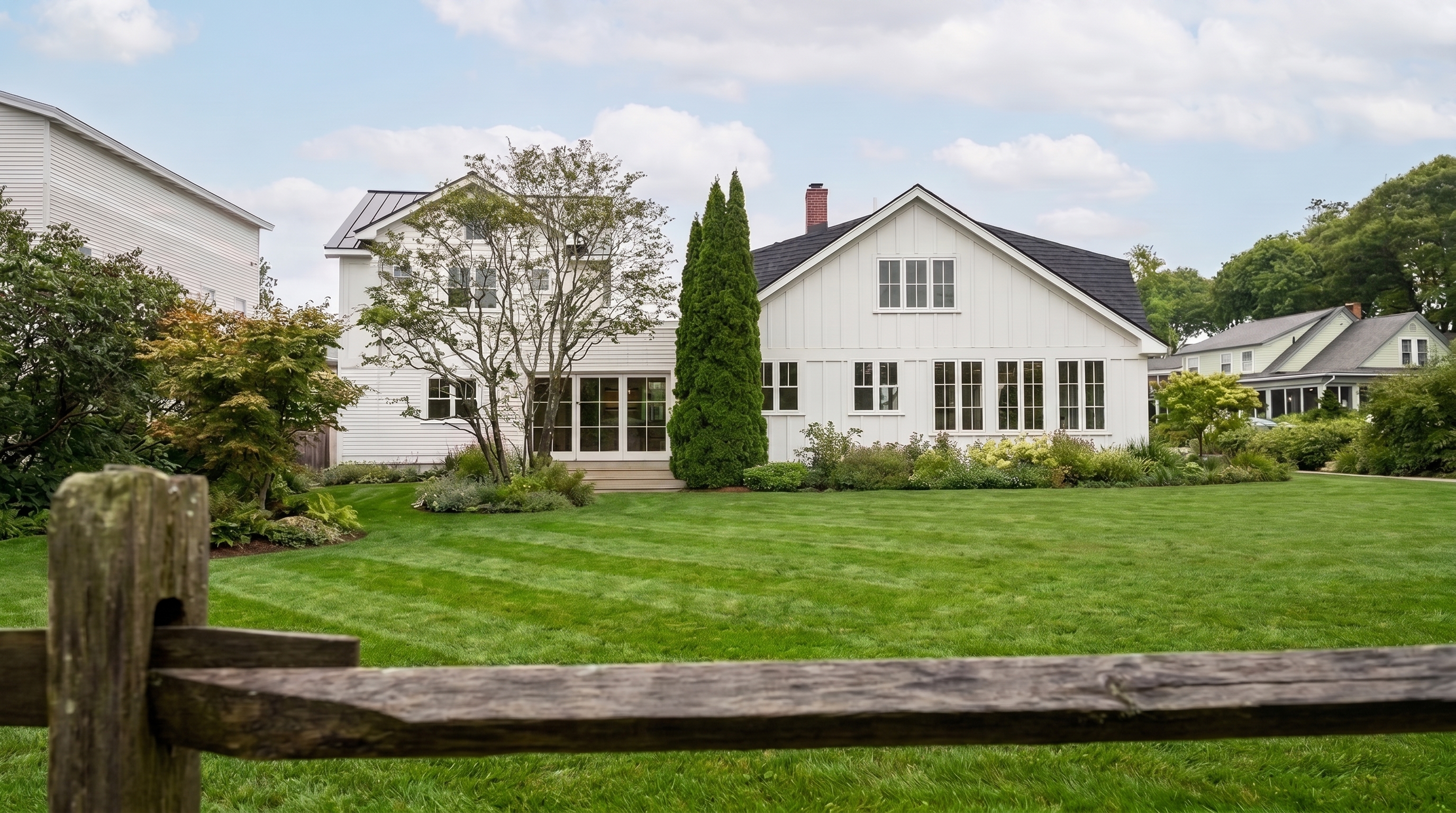 White modern farmhouse exterior featuring vertical board-and-batten siding, a dark shingle roof, a prominent brick chimney, large multi-pane windows, a well-manicured lawn, and a rustic wooden fence in the foreground.