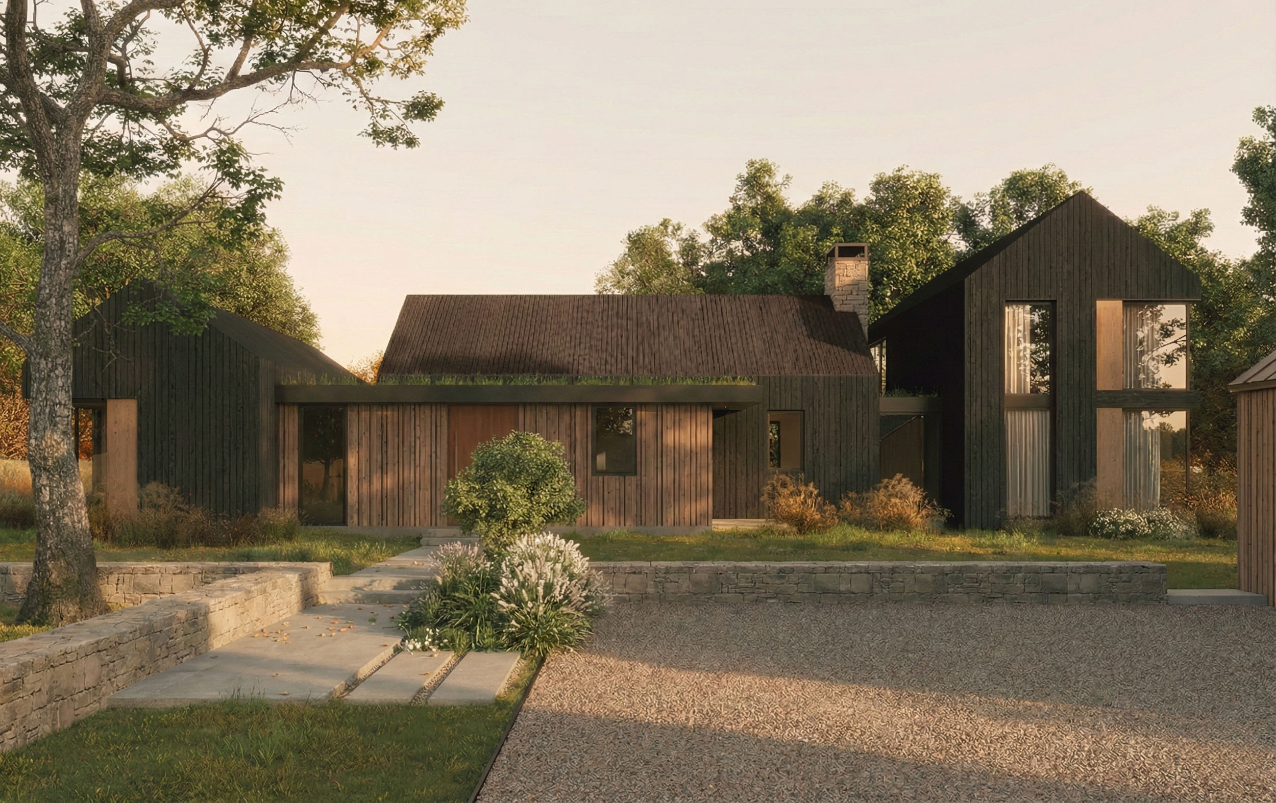 Contemporary modern residence featuring dark vertical timber siding, a green roof connector, stone retaining wall, and concrete paver walkway beside a gravel driveway