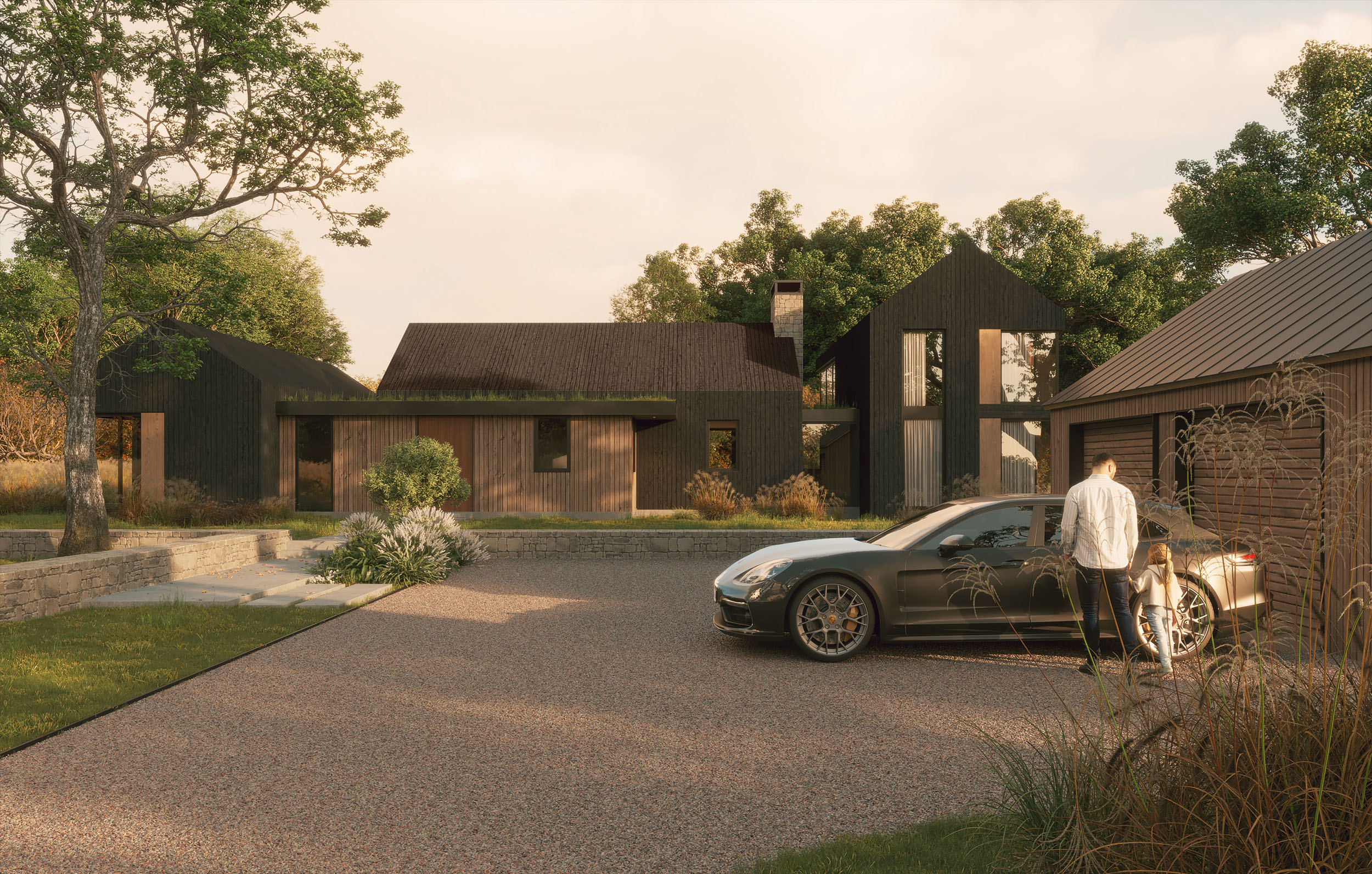 Modern dark-wood home exterior featuring multiple gabled volumes with vertical siding, a central stone chimney, expansive windows, a gravel driveway, and a parked dark sports car.