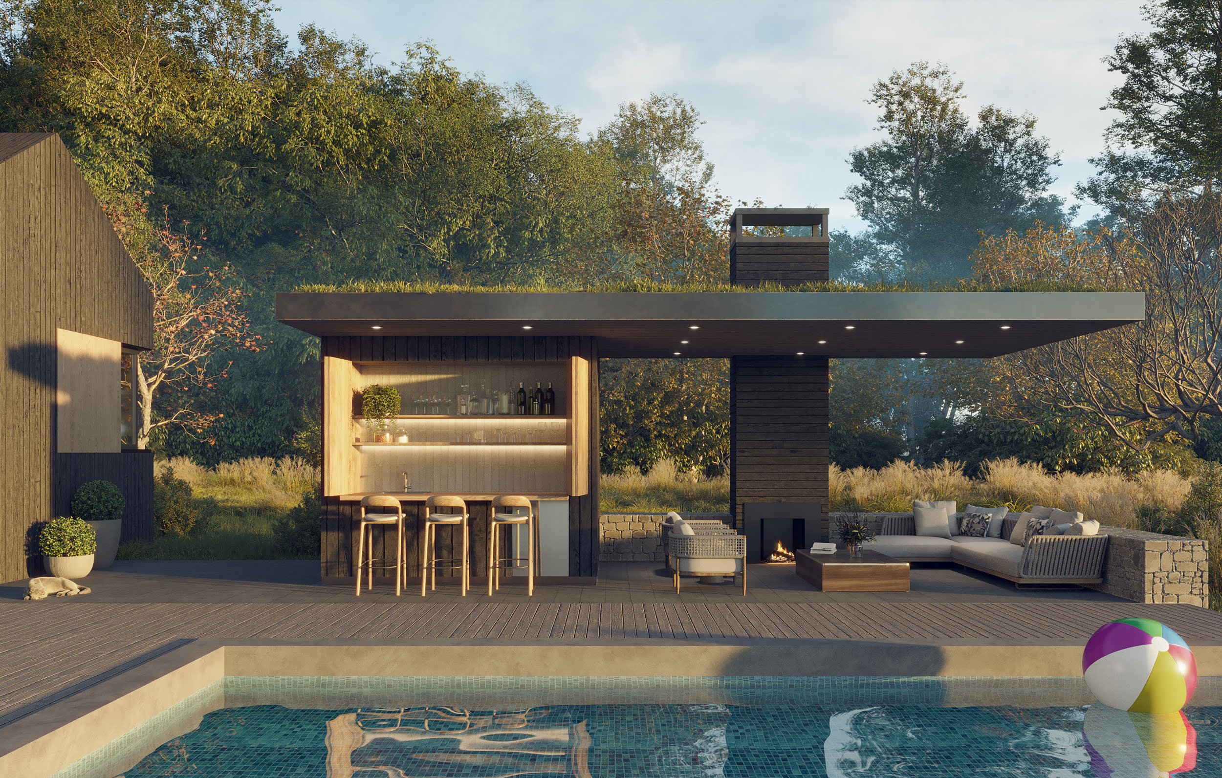 Outdoor patio and pool lounge area featuring a dark wood-clad outdoor bar with lit shelving and barstools, an integrated modern fireplace, a covered seating area, and a green roof against a natural tree backdrop.