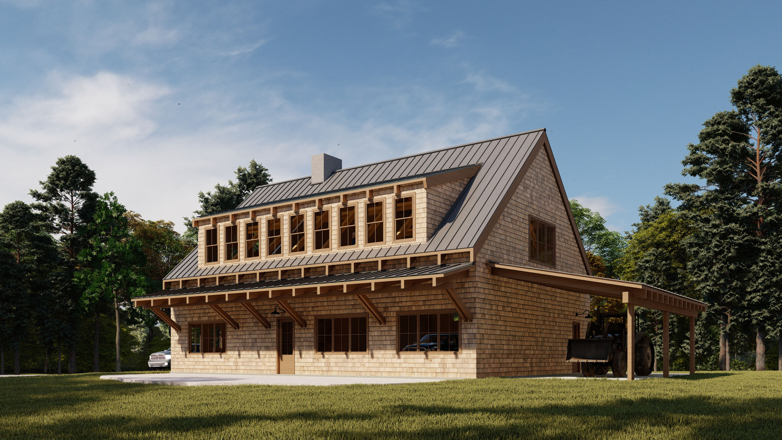 Modern cedar shake barn-style workshop featuring a standing-seam metal roof, continuous shed dormer windows, timber-bracket overhang, and attached carport