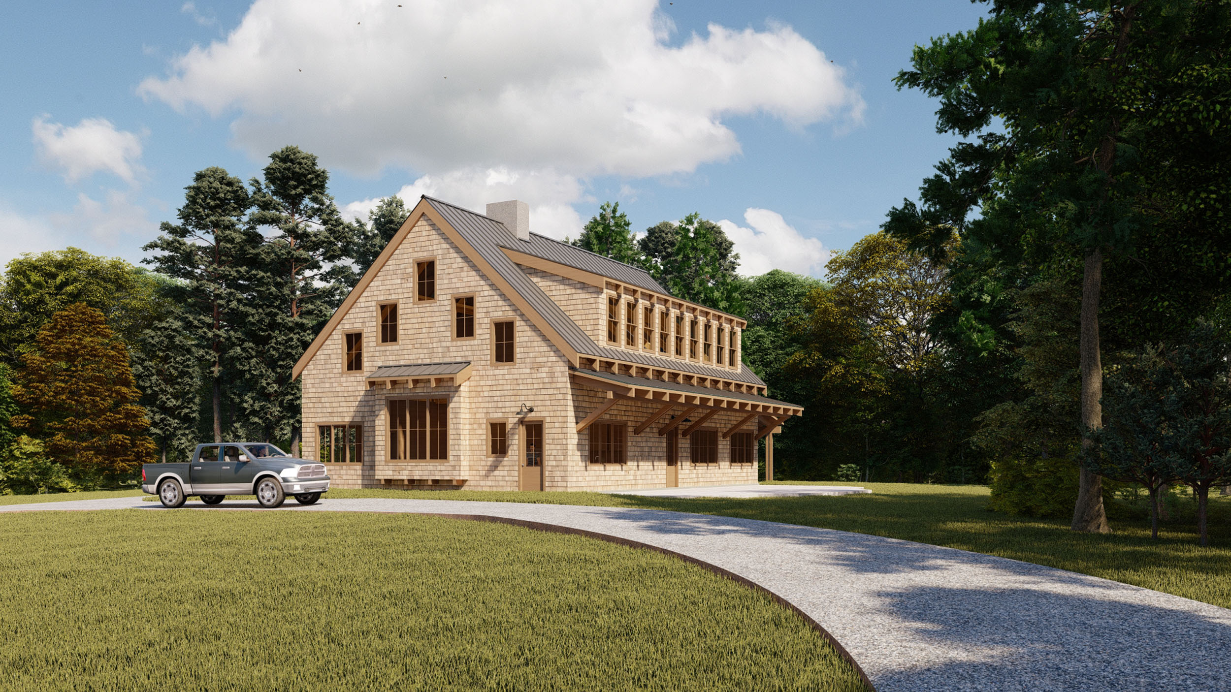 Rustic two-story barn-style structure featuring cedar shingle siding, a standing-seam metal roof, an asymmetrical window layout on the gable end, an extended lower porch supported by heavy timber brackets, a continuous row of upper windows across the front shed dormer, and a curved gravel driveway with a parked pickup truck.