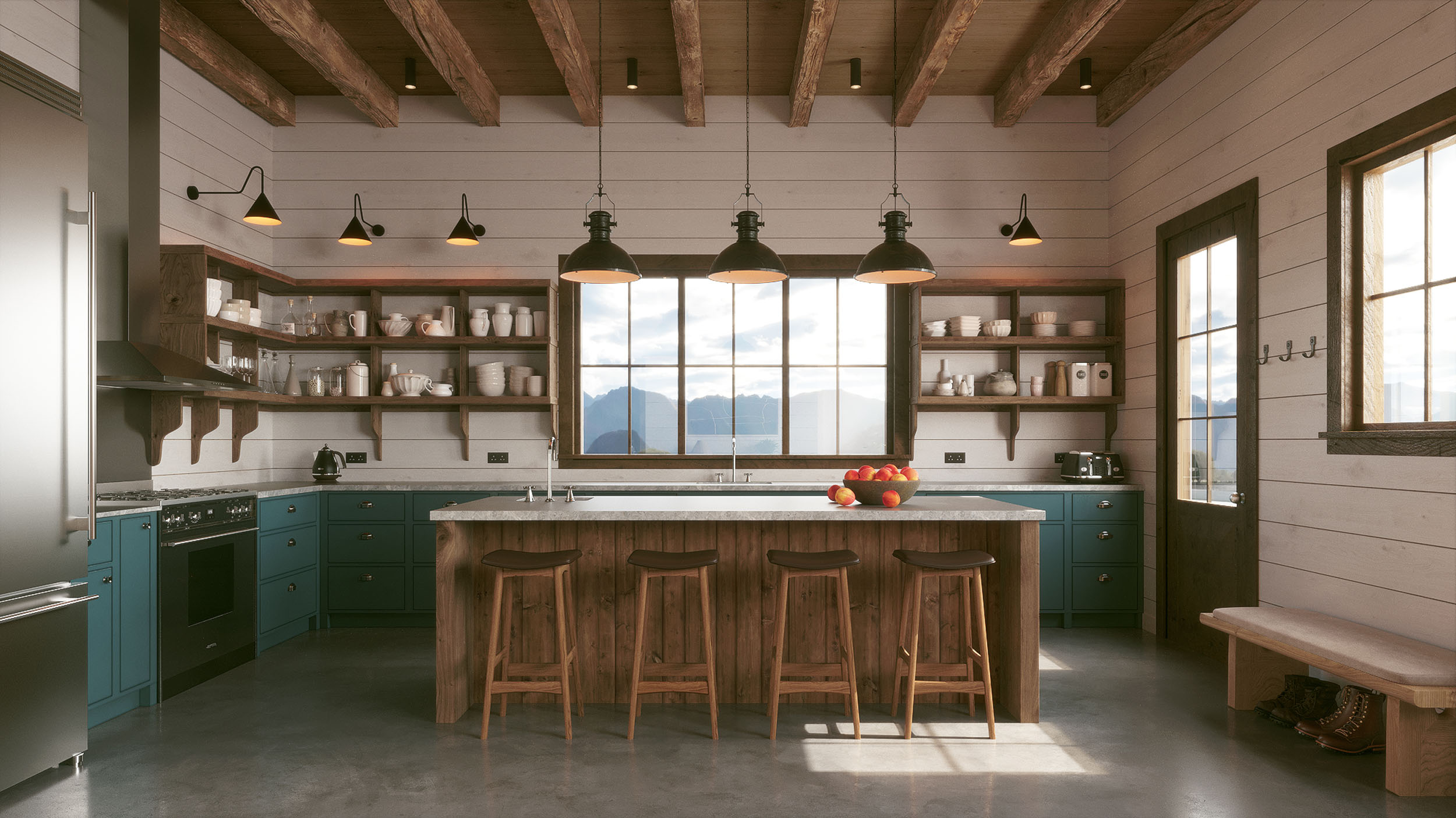 Rustic-modern kitchen interior featuring teal-blue lower cabinets, open wooden wall shelving, a central wood-paneled island with four barstools, white horizontal shiplap walls, exposed wooden ceiling beams, and three black pendant lights hanging above a large window.