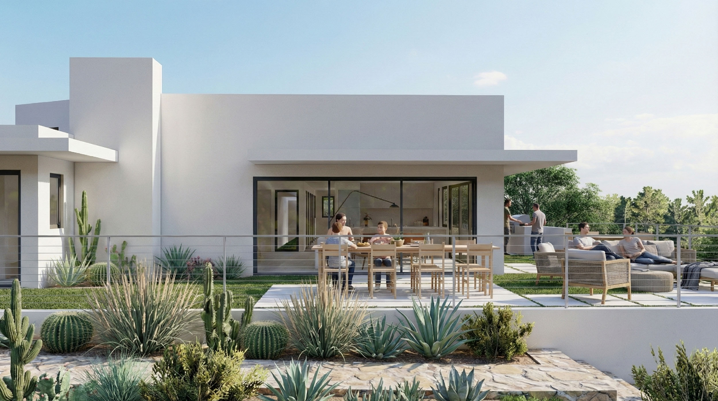 Modern minimalist white stucco home featuring large sliding glass patio doors, an outdoor living and dining terrace, and xeriscape desert landscaping with cacti and agaves
